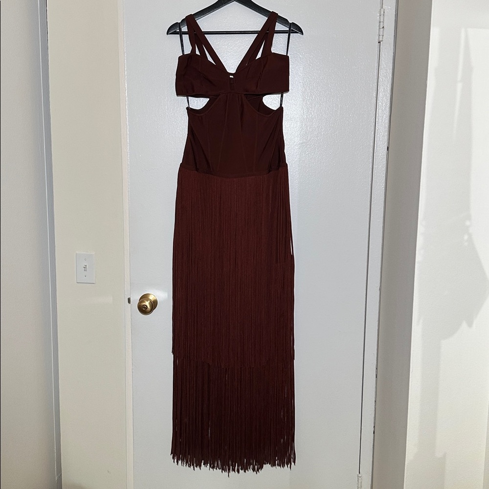 Herve Leger Burgundy Backless Fringe Dress